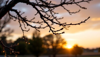 Obraz premium Golden Sunrise Dew Drops Graceful Tree Branches
