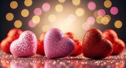 Fototapeta premium Glittering Pink Hearts with Golden Bokeh Lights Romantic Background
