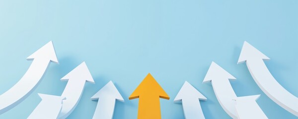 Orange arrow leads group of white arrows upward against blue background. Represents concept of success, leadership, and innovation, showing forward movement and progress on path to bright future.