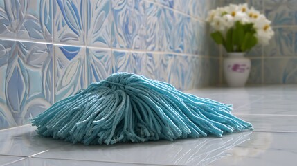 Purple wool and knitting needles rest near a blue tassel scarf and a cleaning broom on a textile carpet texture in a home decoration setting