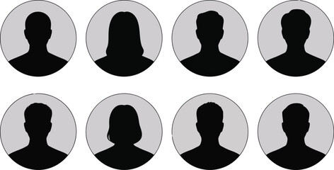 Diverse group of anonymous people profile avatars displayed in grey circles on a clean white background