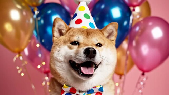 Cheerful Shiba Inu Birthday Celebration - A happy Shiba Inu dog smiles for the camera wearing a colorful polka-dot party hat and matching bow tie.