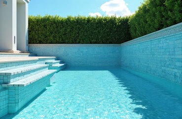 Empty swimming pool with bright blue water and tiled walls under a clear sky. Green hedge forms a backdrop. Stairs lead into the refreshing aquatic space.