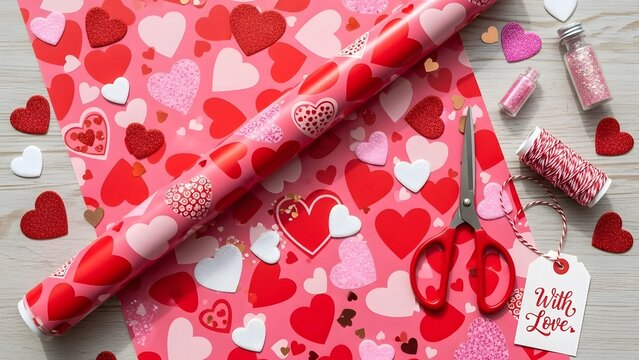 Valentine gift wrapping supplies with heart paper and red scissors