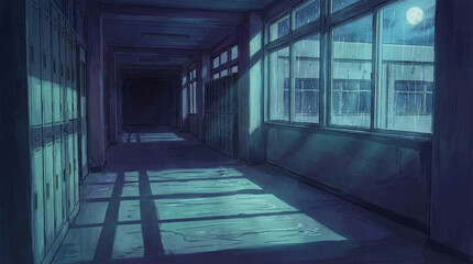 Dark and empty school hallway with sunlight shining through windows.