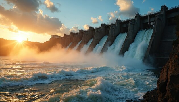 Massive concrete dam structure releases large amounts of water into turbulent river below. Sunrise or sunset casts golden light on clouds and mist rising from waterfall effect.