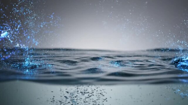 Water splashing into serene ocean waves from left and right, viewed from a calm surface level perspective