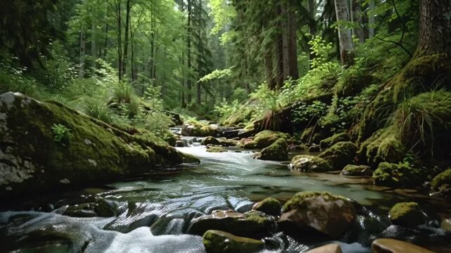 Mossy forest stream with rocky terrain and lush greenery