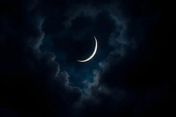 A mystical and serene golden crescent moon shines brightly amidst a swirling expanse of dramatic, dark, and cloudy night sky, evoking a sense of wonder and calm.