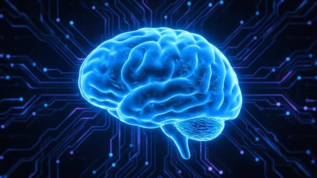 A glowing blue brain illustration set against a circuit board pattern