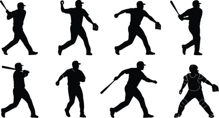 Silhouettes of baseball players in action on a white background, capturing the dynamic movements of batting and pitching.