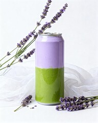 Product mockup of lavender drink combined with matcha.