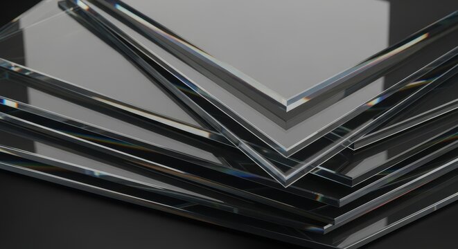 Stacked Clear Glass Plates with Prismatic Refraction, Transparent Acrylic Sheets, Optical Silica Glass, Refractive Beveled Edge Abstract Background.