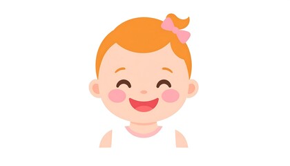 Smiling baby girl with orange hair, pink cheeks, and a bow in her hair