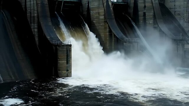 Powerful water torrents forcefully rush through massive concrete floodgates of a large industrial hydroelectric dam structure.