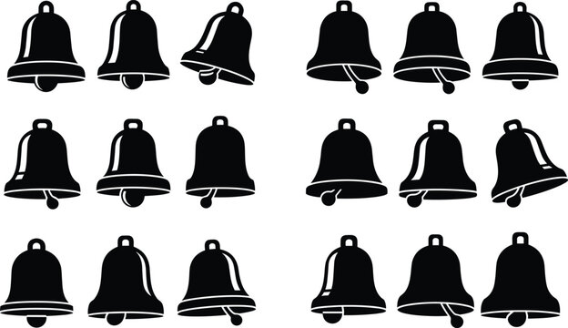 Collection of black silhouette icons of various bell shapes and sizes, isolated on a white background, vector graphics.
