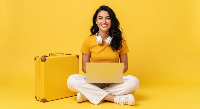 Happy woman sitting on the floor with a laptop and a suitcase, ready for travel, cheerful expression, yellow background
