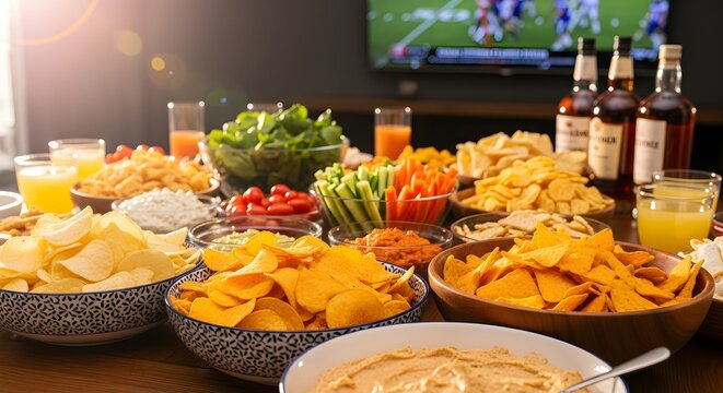 Delicious super bowl sunday snack spread on table with chips and dips