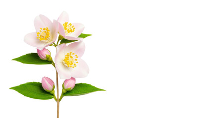 Fototapeta premium Elegant sprig of pale pink mock orange flowers and green leaves with vibrant yellow stamens, detailed macro shot isolated on bright white, conveying natural purity and the arrival of spring