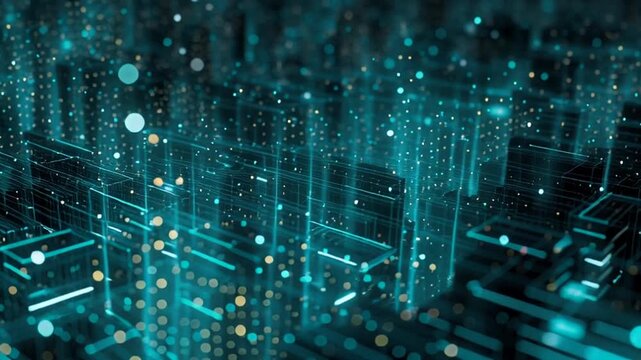 Futuristic digital landscape with glowing blue circuits and data streams.
