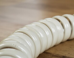 Close-Up of a Coiled Retro Telephone Cord. Retro / Nostalgia / Time Warp. macro of a tangled highly coiled retro landline telephone cord resting on a simple surface.
