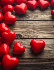 A wooden table scattered with numerous small red heart-shaped objects