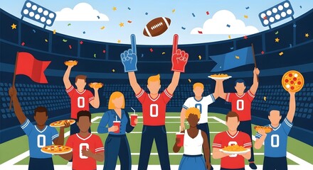 Group of happy people cheering and eating food on a football field in a stadium