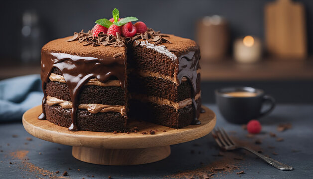 Decadent chocolate cake with raspberries on wooden stand