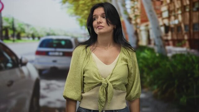 Young hispanic woman shouting with hands cupping mouth on a busy urban street lined with parked cars; urgency.