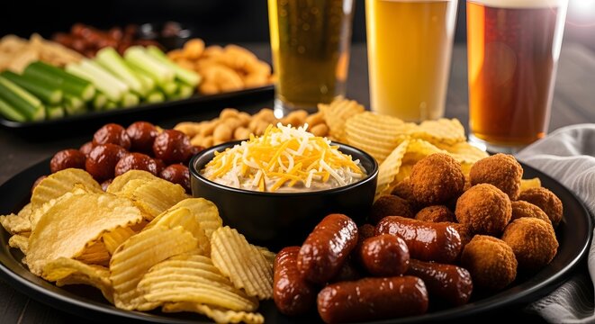 Closeup of a platter with sausages, chips, and cheese dip on a table with glasses of beer and another platter of food in the background for a social gathering