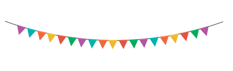 Colorful Triangular Pennant Flags Hanging on Curved String for Festive, Party, and Celebration Design Projects