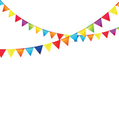 Fototapeta premium Colorful Triangular Pennant Flags Hanging on Curved Strings for Party and Celebration Design Projects on White Background