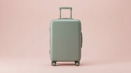 A sleek, modern, sage green suitcase on wheels with an extended handle