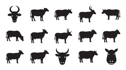 Obraz premium Cow Silhouettes in Various Poses and Angles in Black on White Background for Graphic Design