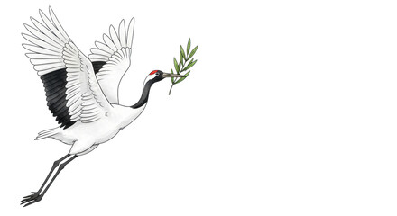 Obraz premium Elegant japanese red-crowned crane watercolor illustration mid-flight, holding a green olive branch, spread wings against a minimalist white background, symbolizing peace and new beginnings concept