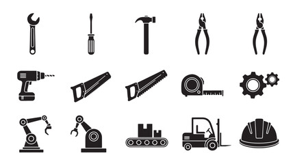 Obraz premium Industrial Tools Icons Set in Modern Minimalist Black Silhouette on White Background for Graphic Design