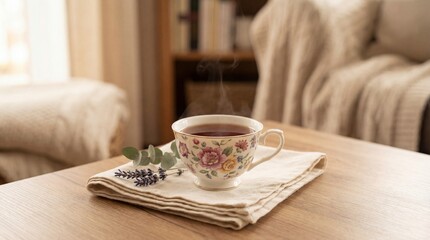 Fototapeta premium Cozy tea moment with floral cup and lavender sprig on a wooden table