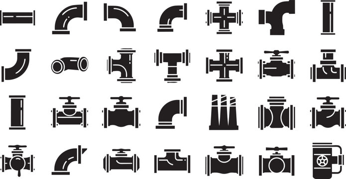 Collection of black and white pipe fittings and valves illustration set on white background