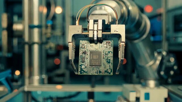 Industrial Robotic Arm Assembling Electronic Circuit Board in Automated Production Facility