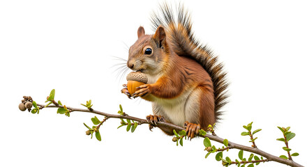 Obraz premium Cute squirrel sitting on tree branch isolated on white background, small wild animal in natural pose representing wildlife, forest life and playful nature concept
