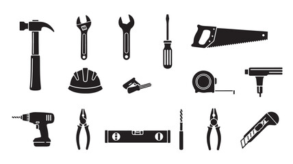 Obraz premium Assorted carpentry tools in minimalist black silhouettes on white background for DIY projects