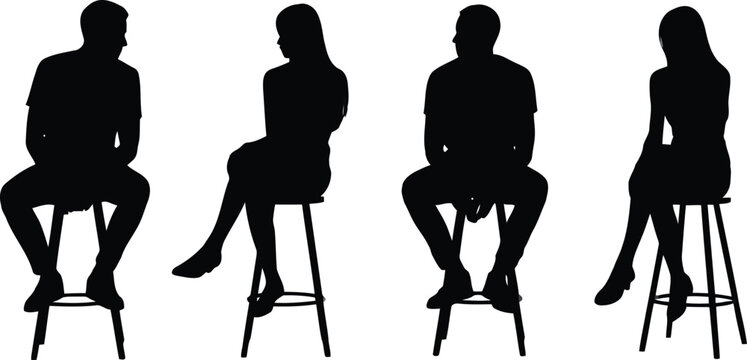Four distinct black human silhouettes sitting on bar stools in various positions