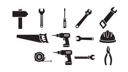 Obraz premium Tools and hardware in minimalist black silhouette style on white background for industrial design