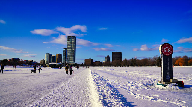 Dows Lake with a midtown skyline in Winter, part of the Rideau Canal Skateway system, world's largest skating arena,stretching over 8 kms in Ottawa,Ontario,Canada