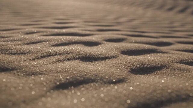 A serene sandy beach landscape with textured sand pattern and gentle ripples in the morning sunlight from a low angle viewpoint