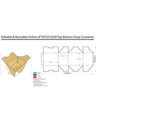 Flat layout of a F E F C O 0220 bottom snap container with dimensions
