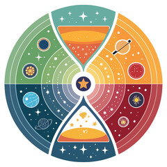 A colorful vector graphic illustration of the solar system in a circular design © GFXShani