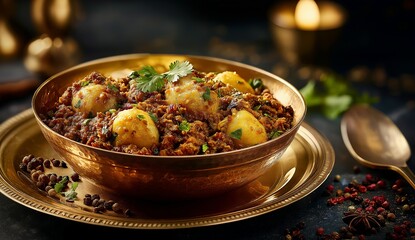 photo of a highly detailed, super-realistic indian dish in a golden bowl on a metal plate with a dark background.