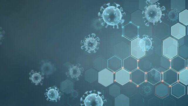 Nipah virus concept showing blue virus particles and hexagon pattern with medical design background