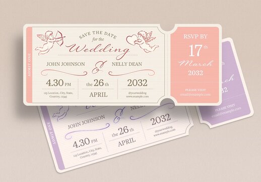 Wedding Ticket Template for Retro Destination Wedding Invitation, RSVP & Save The Date Invite Layout